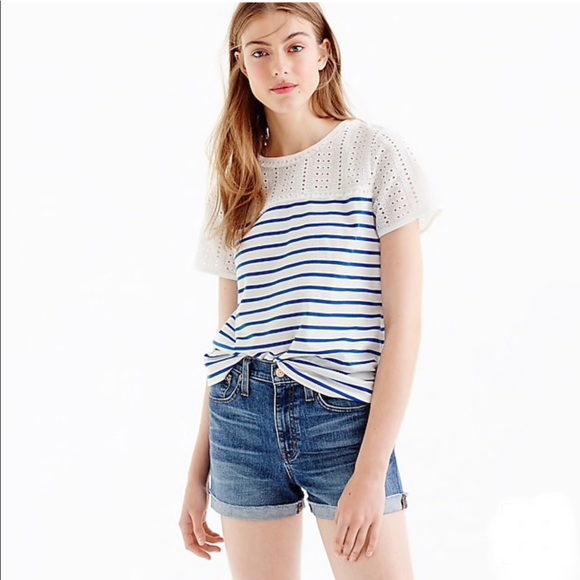 J. Crew Tops - J. Crew Eyelet Striped T-Shirt Blue white Small